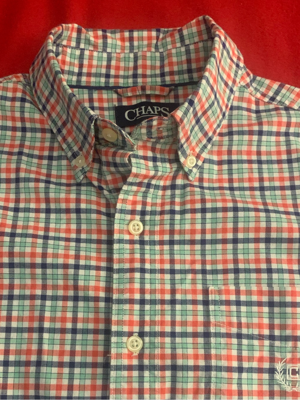 Chaps Men’s Coral, Teal & White Plaid Button-Down Shirt